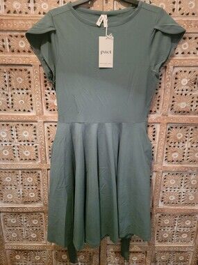 NWT Pact Organic Cotton Fit & Flare Petal Sleeve Dress Sage Green Pockets Large